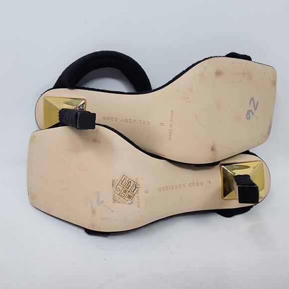 Good American Sandals Women's 9 Black Terry Cloth Square Toed Slip On Heels - Picture 9 of 10